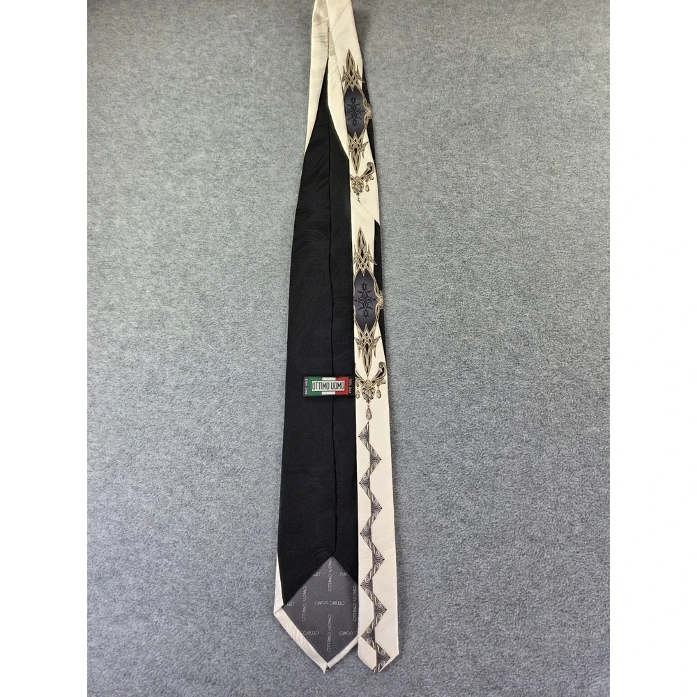 Vintage Ottimo Uomo Silk TieBaroque Filigree Black Cream 90s Statement Geo Art